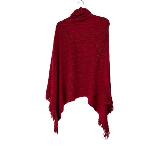 BCBGMAXAZRIA Knitted Fringed Cowl Neck Red Poncho Size S - Picture 3 of 7